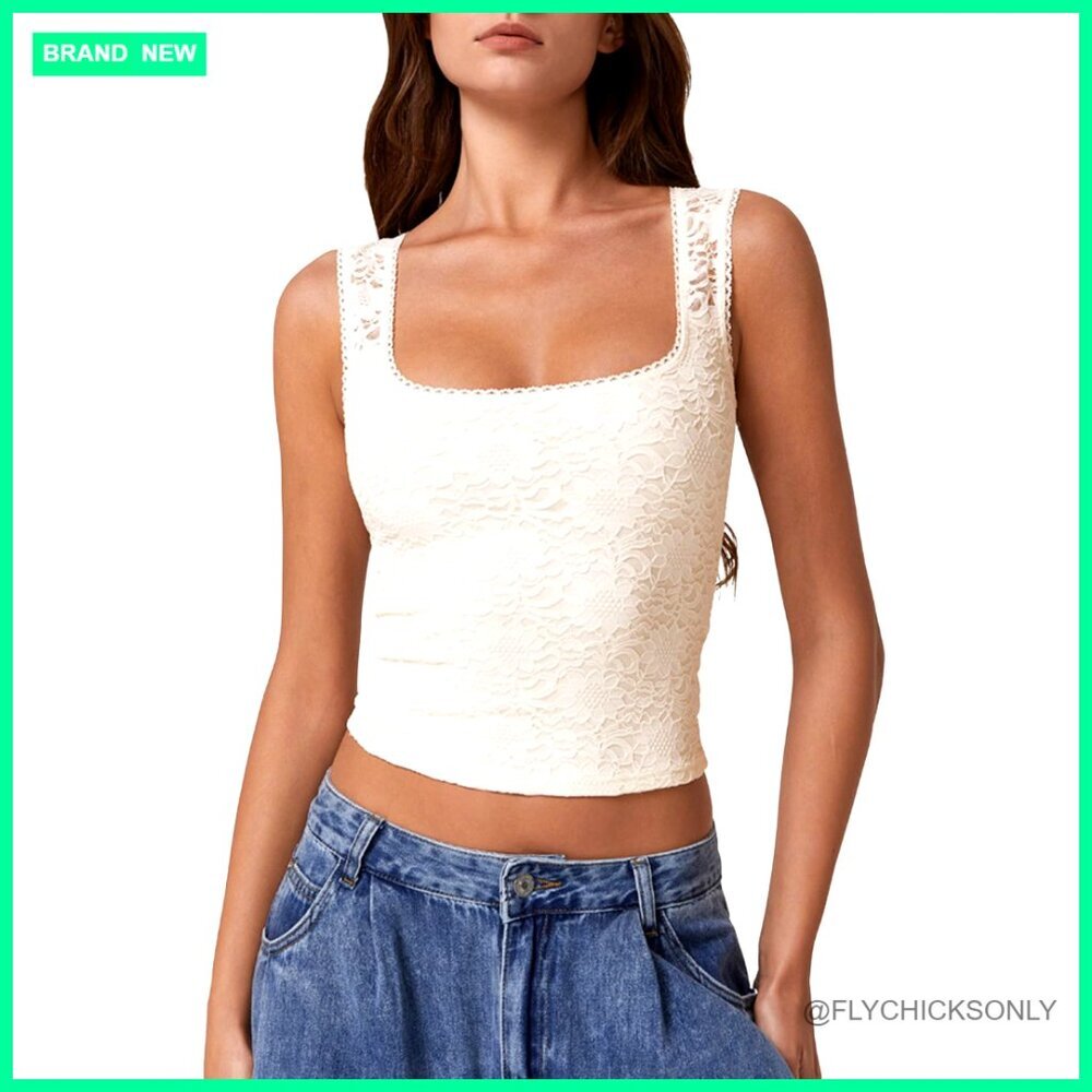 Slim Fit Double Layer Tank Top Square Neck Sleeveless Lace Trim